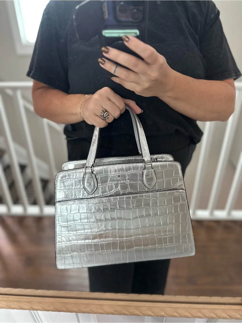 kate spade Silver Metallic Croc-Embossed Top-Handle Briefcase